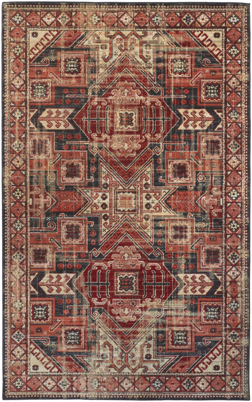 4' X 6' Red Tan And Black Abstract Power Loom Distressed Stain Resistant Area Rug