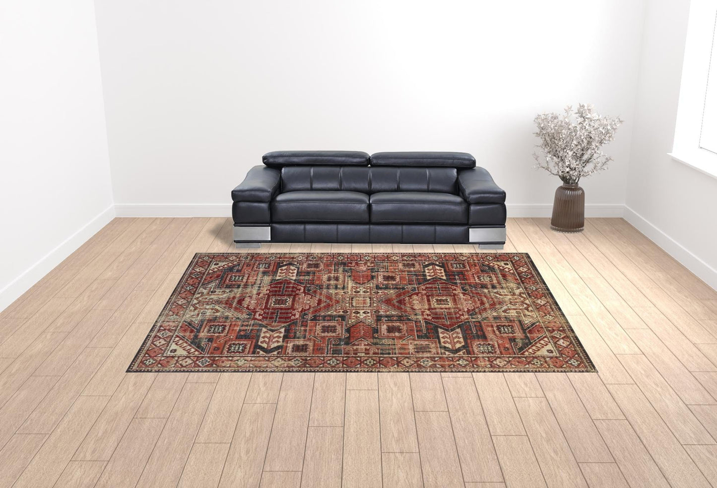 4' X 6' Red Tan And Black Abstract Power Loom Distressed Stain Resistant Area Rug
