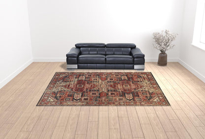 4' X 6' Red Tan And Black Abstract Power Loom Distressed Stain Resistant Area Rug