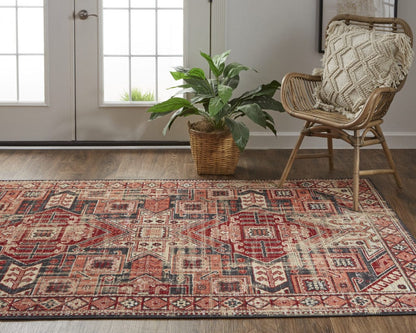 4' X 6' Red Tan And Black Abstract Power Loom Distressed Stain Resistant Area Rug