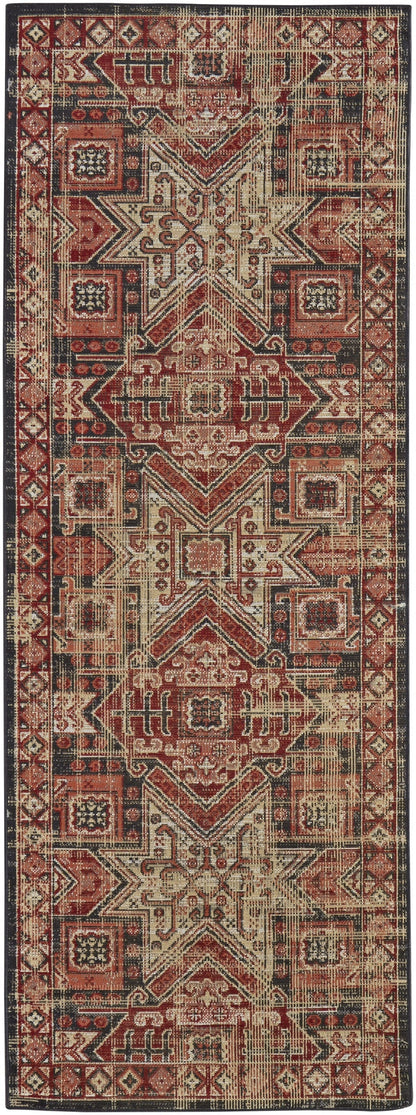 4' X 6' Red Tan And Black Abstract Power Loom Distressed Stain Resistant Area Rug