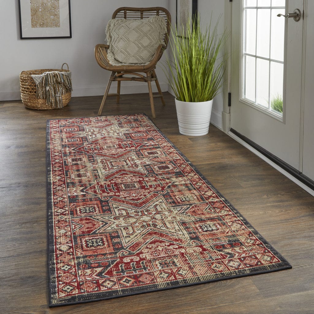 4' X 6' Red Tan And Black Abstract Power Loom Distressed Stain Resistant Area Rug