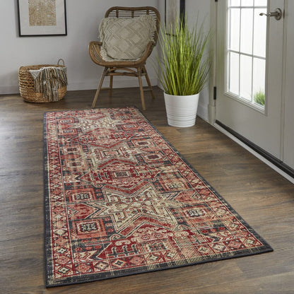 4' X 6' Red Tan And Black Abstract Power Loom Distressed Stain Resistant Area Rug