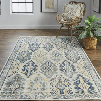 4' X 6' Green Blue And Ivory Abstract Power Loom Distressed Stain Resistant Area Rug