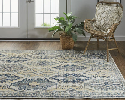 4' X 6' Green Blue And Ivory Abstract Power Loom Distressed Stain Resistant Area Rug