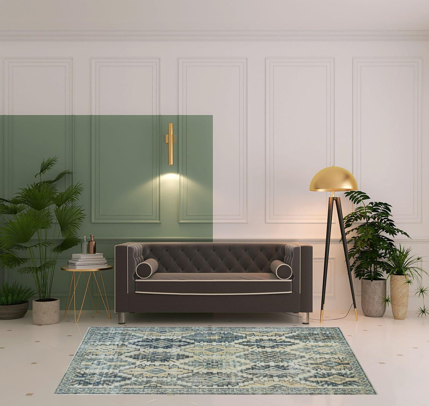 4' X 6' Green Blue And Ivory Abstract Power Loom Distressed Stain Resistant Area Rug