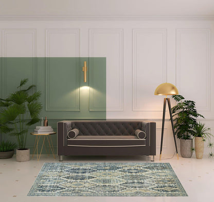 4' X 6' Green Blue And Ivory Abstract Power Loom Distressed Stain Resistant Area Rug