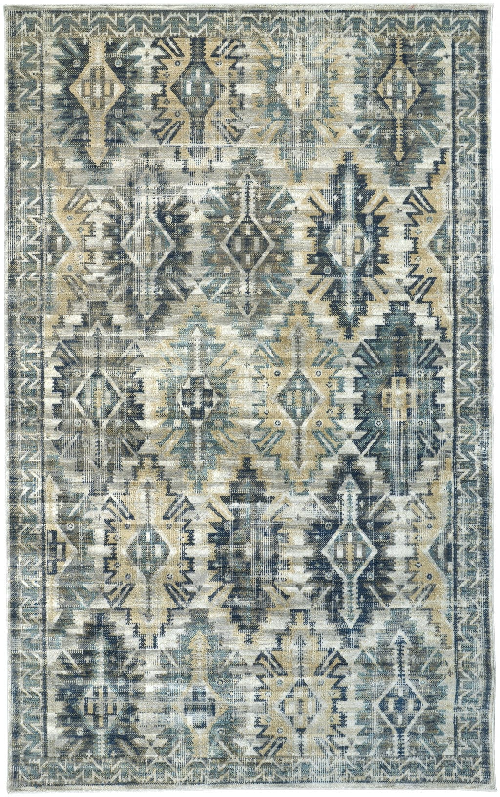 4' X 6' Green Blue And Ivory Abstract Power Loom Distressed Stain Resistant Area Rug
