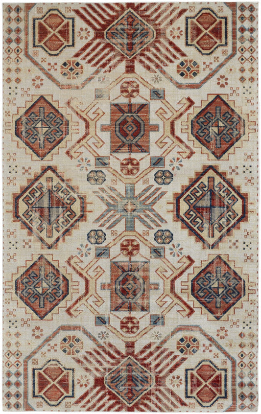 4' X 6' Ivory Red And Tan Abstract Power Loom Distressed Stain Resistant Area Rug