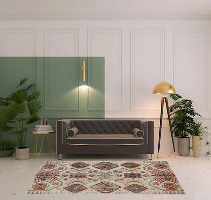 4' X 6' Ivory Red And Tan Abstract Power Loom Distressed Stain Resistant Area Rug