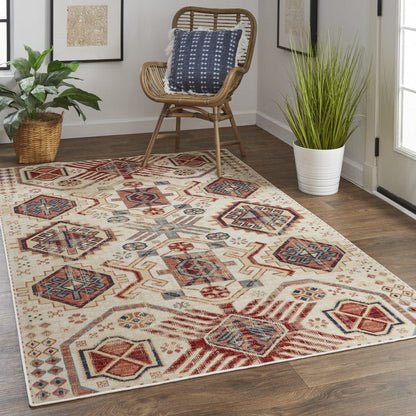 4' X 6' Ivory Red And Tan Abstract Power Loom Distressed Stain Resistant Area Rug