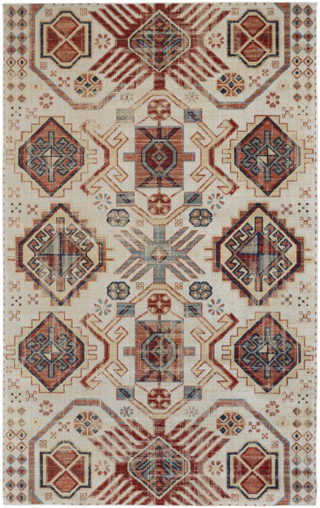 4' X 6' Ivory Red And Tan Abstract Power Loom Distressed Stain Resistant Area Rug