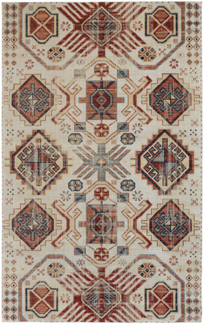 4' X 6' Ivory Red And Tan Abstract Power Loom Distressed Stain Resistant Area Rug