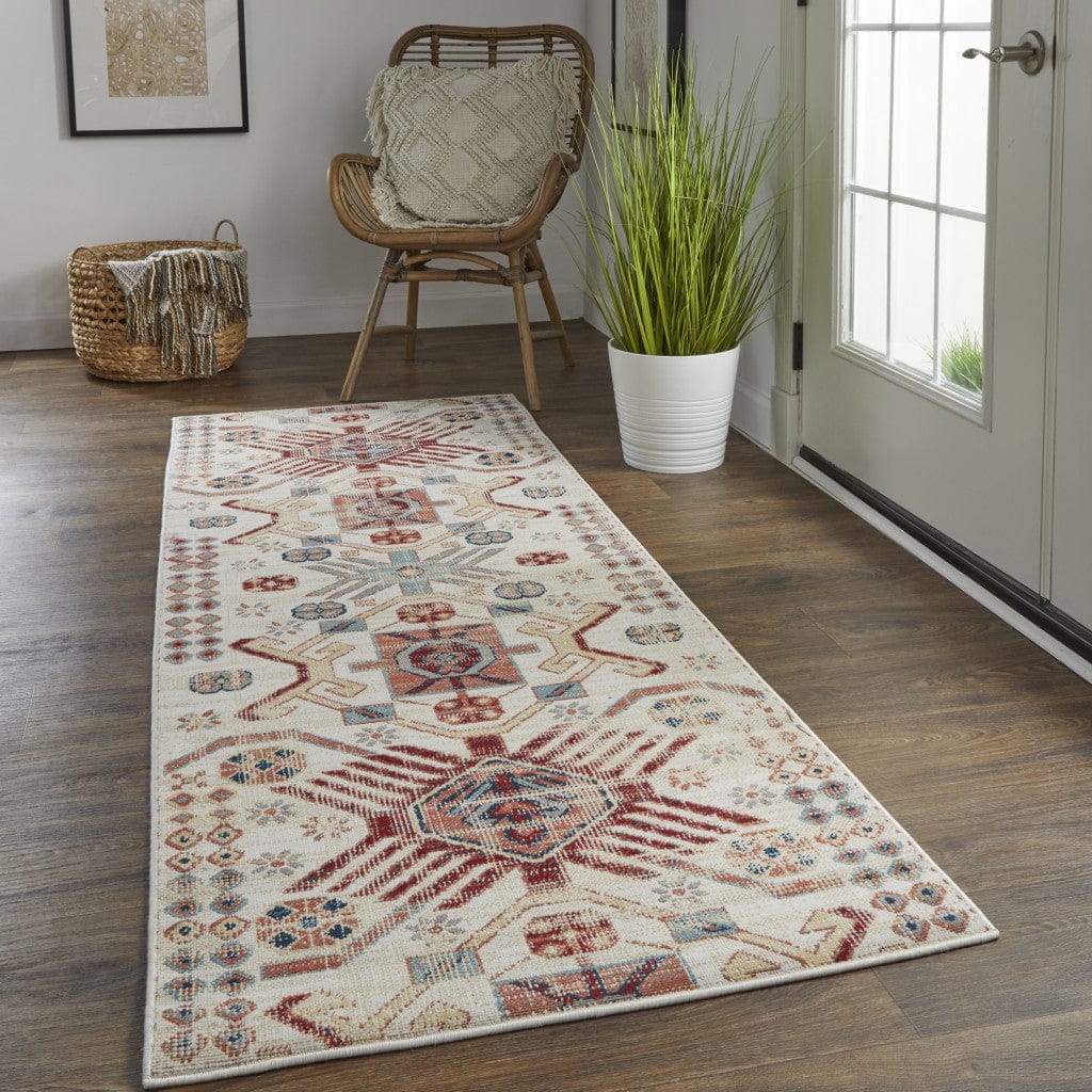 4' X 6' Ivory Red And Tan Abstract Power Loom Distressed Stain Resistant Area Rug