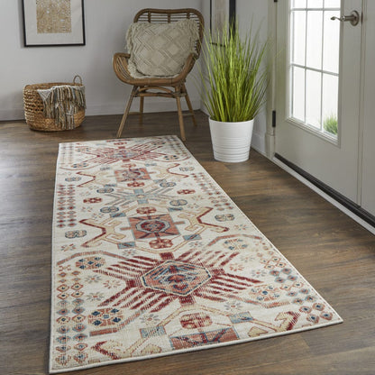 4' X 6' Ivory Red And Tan Abstract Power Loom Distressed Stain Resistant Area Rug