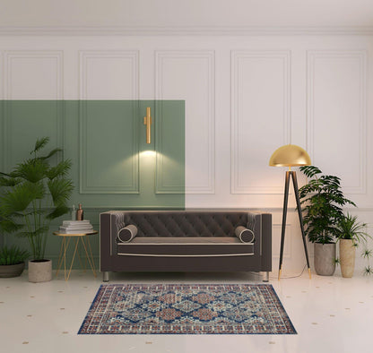 4' X 6' Blue Red And Ivory Abstract Power Loom Distressed Stain Resistant Area Rug