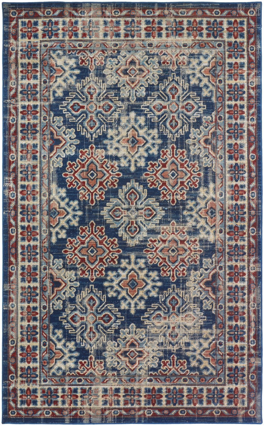 4' X 6' Blue Red And Ivory Abstract Power Loom Distressed Stain Resistant Area Rug
