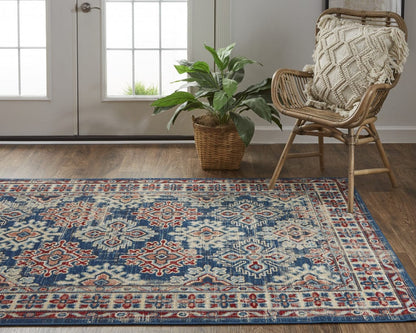 4' X 6' Blue Red And Ivory Abstract Power Loom Distressed Stain Resistant Area Rug