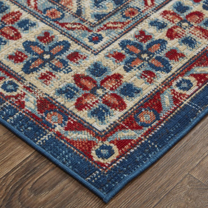 4' X 6' Blue Red And Ivory Abstract Power Loom Distressed Stain Resistant Area Rug