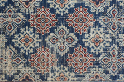 4' X 6' Blue Red And Ivory Abstract Power Loom Distressed Stain Resistant Area Rug