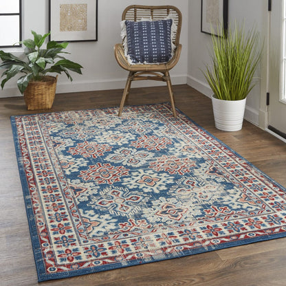 4' X 6' Blue Red And Ivory Abstract Power Loom Distressed Stain Resistant Area Rug