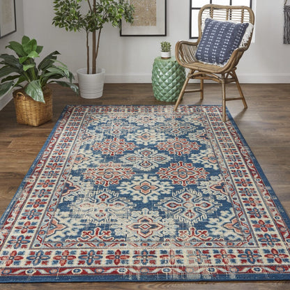 4' X 6' Blue Red And Ivory Abstract Power Loom Distressed Stain Resistant Area Rug