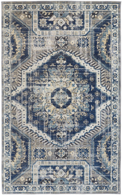 4' X 6' Blue And Ivory Abstract Power Loom Distressed Stain Resistant Area Rug