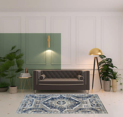 4' X 6' Blue And Ivory Abstract Power Loom Distressed Stain Resistant Area Rug