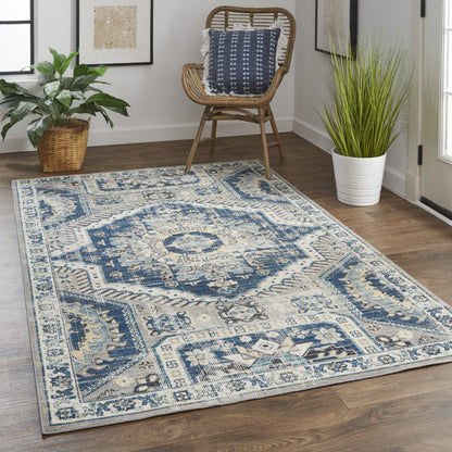 4' X 6' Blue And Ivory Abstract Power Loom Distressed Stain Resistant Area Rug