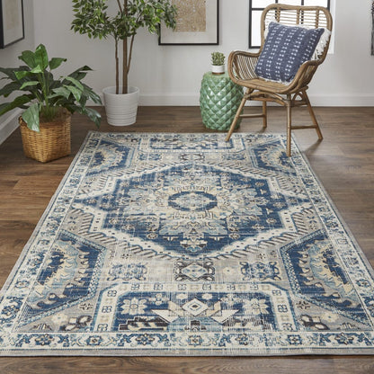 4' X 6' Blue And Ivory Abstract Power Loom Distressed Stain Resistant Area Rug