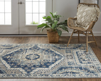 4' X 6' Blue And Ivory Abstract Power Loom Distressed Stain Resistant Area Rug