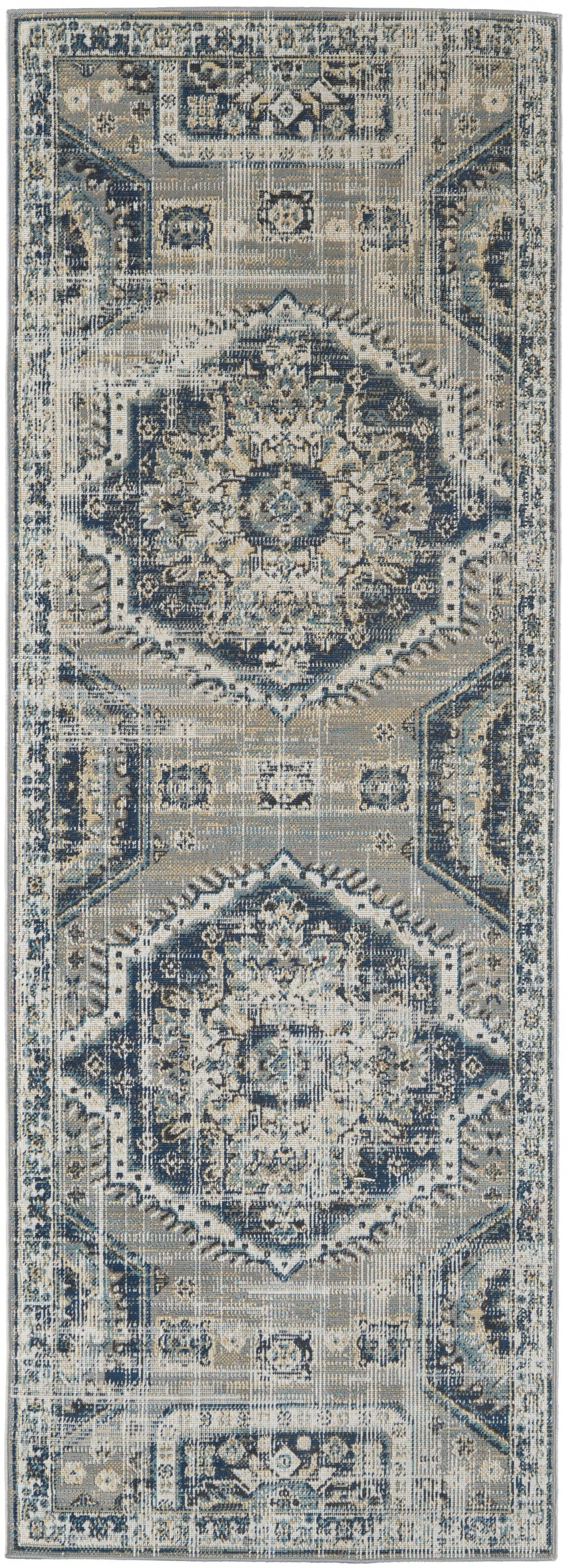 4' X 6' Blue And Ivory Abstract Power Loom Distressed Stain Resistant Area Rug