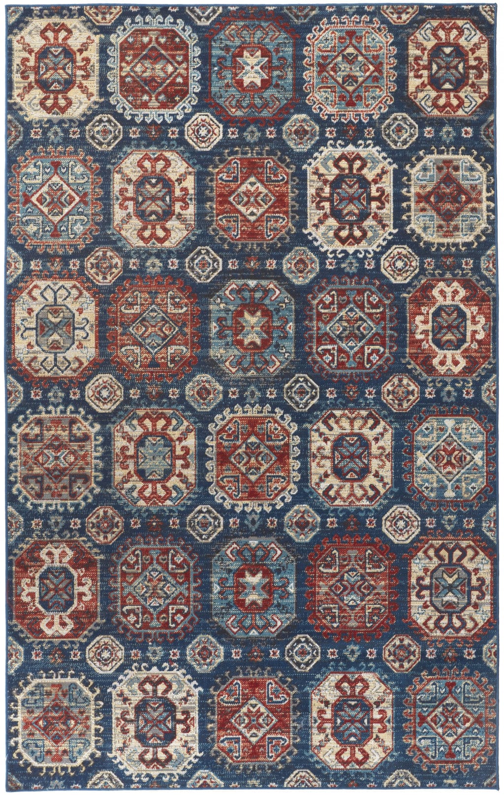 4' X 6' Blue Red And Tan Abstract Power Loom Distressed Stain Resistant Area Rug