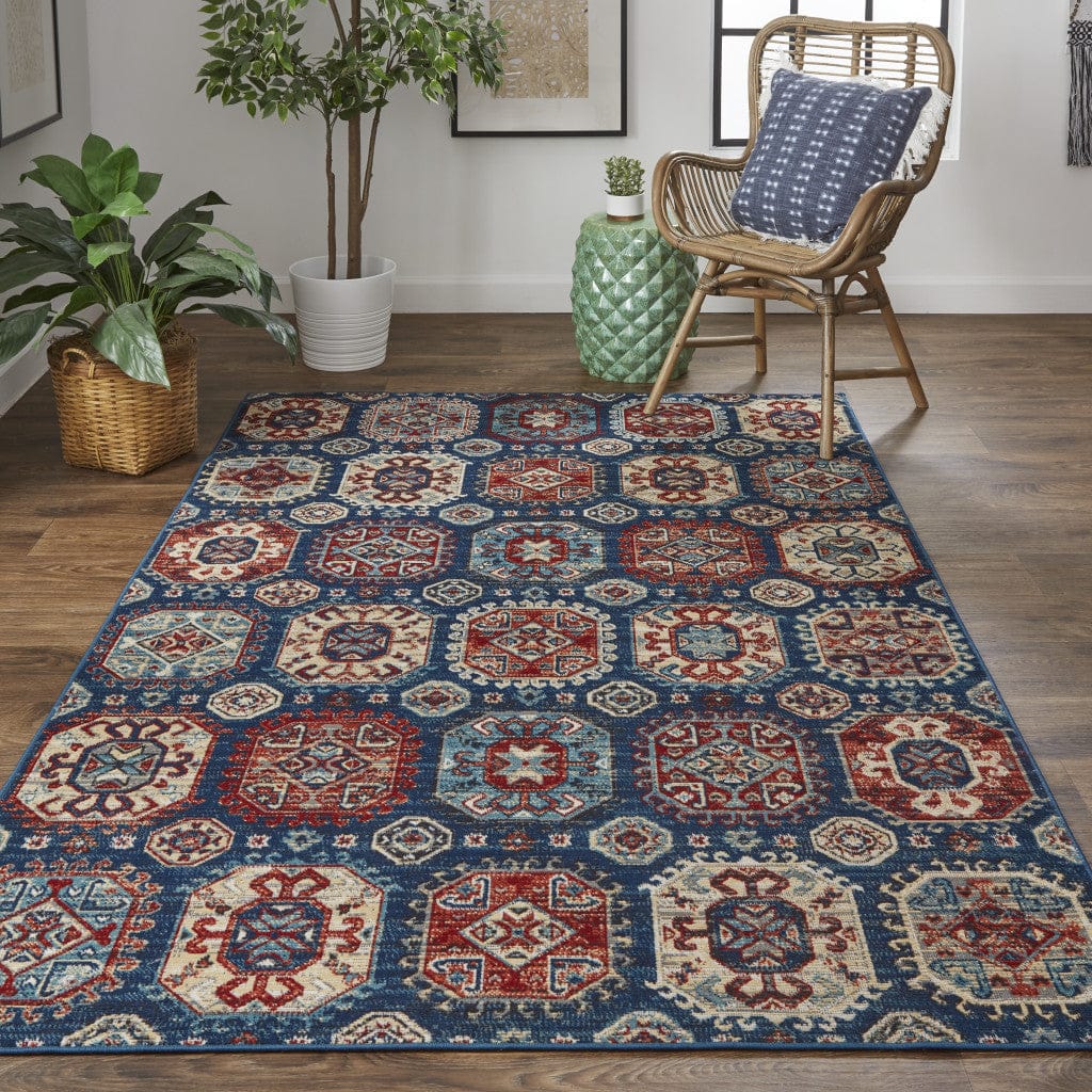 4' X 6' Blue Red And Tan Abstract Power Loom Distressed Stain Resistant Area Rug
