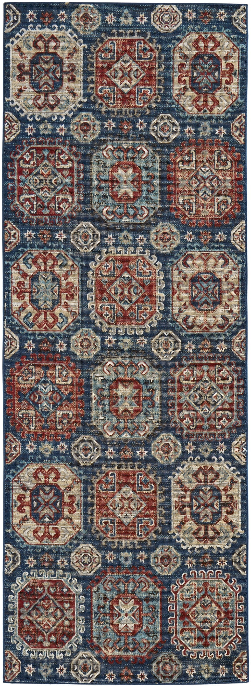 4' X 6' Blue Red And Tan Abstract Power Loom Distressed Stain Resistant Area Rug