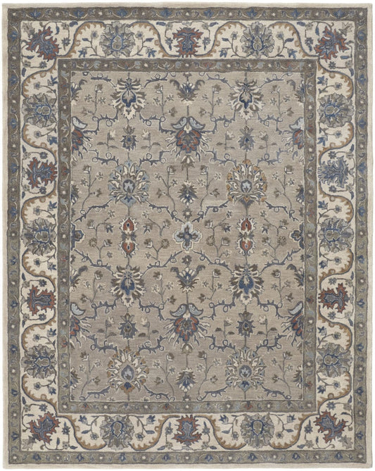 4' X 6' Taupe Ivory And Blue Wool Floral Tufted Handmade Stain Resistant Area Rug