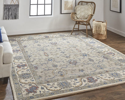 4' X 6' Taupe Ivory And Blue Wool Floral Tufted Handmade Stain Resistant Area Rug