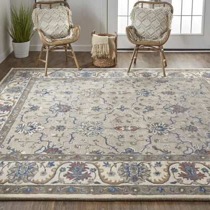 4' X 6' Taupe Ivory And Blue Wool Floral Tufted Handmade Stain Resistant Area Rug