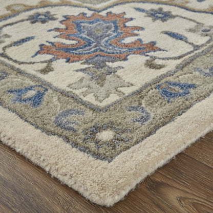 4' X 6' Taupe Ivory And Blue Wool Floral Tufted Handmade Stain Resistant Area Rug