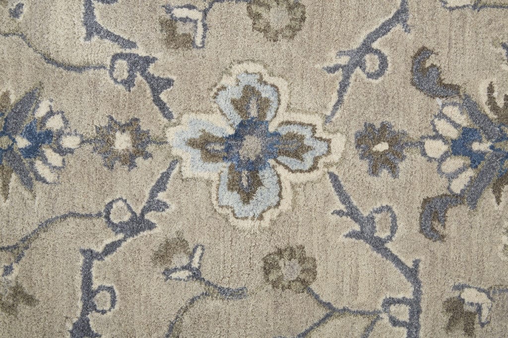 4' X 6' Taupe Ivory And Blue Wool Floral Tufted Handmade Stain Resistant Area Rug