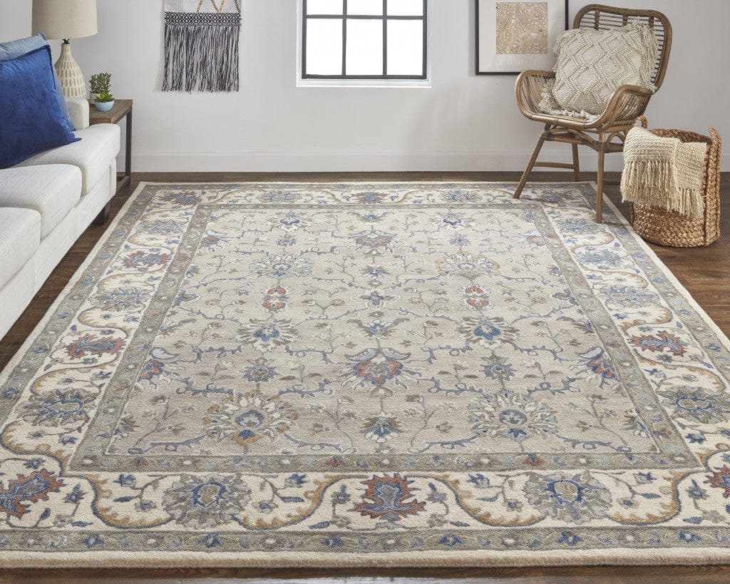 4' X 6' Taupe Ivory And Blue Wool Floral Tufted Handmade Stain Resistant Area Rug