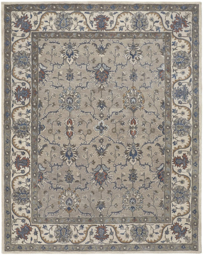 4' X 6' Taupe Ivory And Blue Wool Floral Tufted Handmade Stain Resistant Area Rug