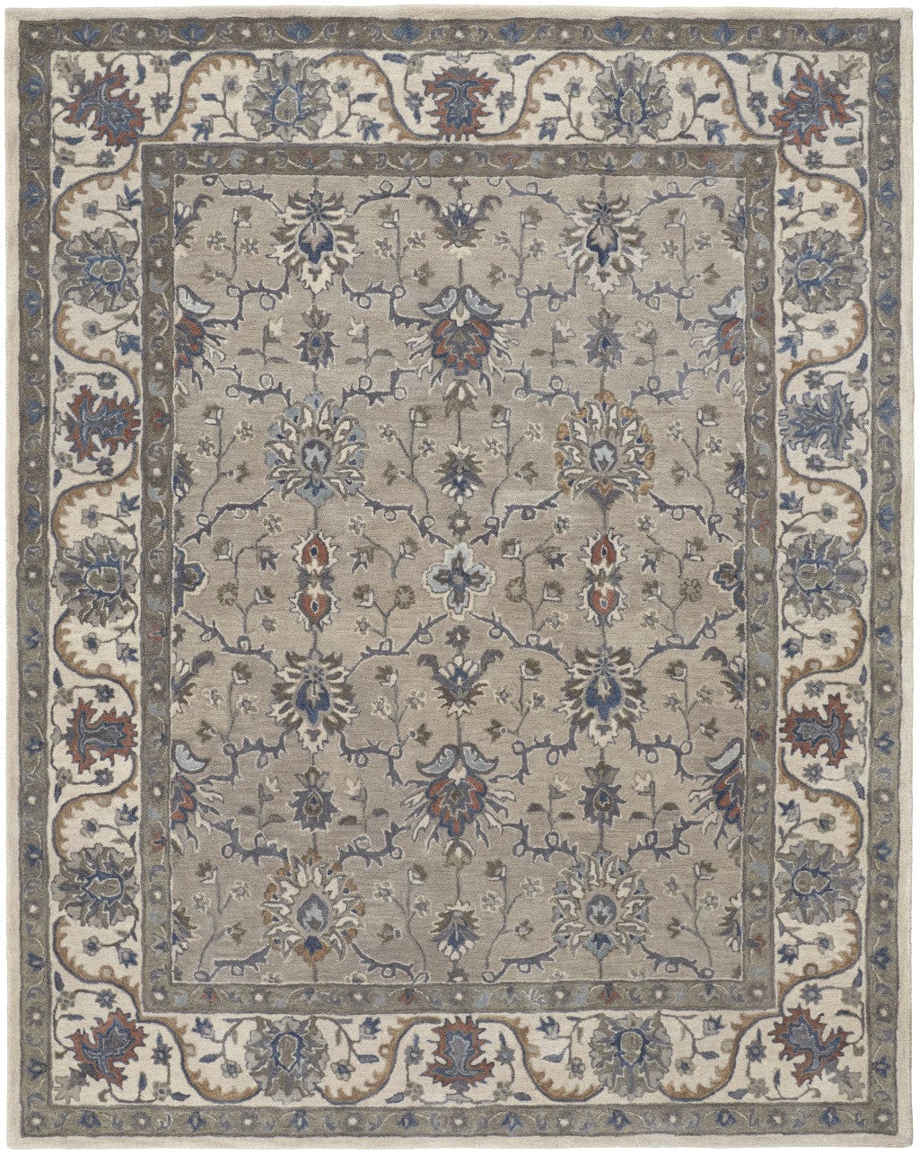 4' X 6' Taupe Ivory And Blue Wool Floral Tufted Handmade Stain Resistant Area Rug