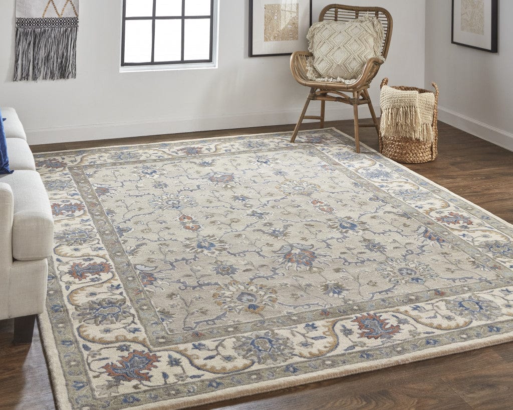 4' X 6' Taupe Ivory And Blue Wool Floral Tufted Handmade Stain Resistant Area Rug