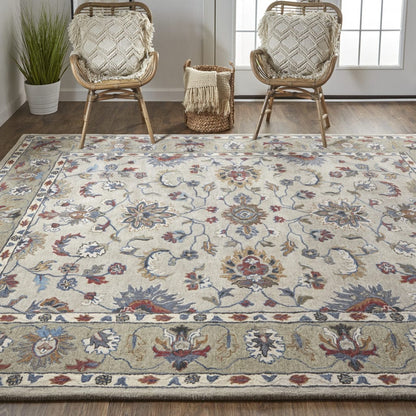 4' X 6' Ivory Taupe And Blue Wool Floral Tufted Handmade Stain Resistant Area Rug