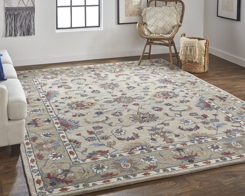 4' X 6' Ivory Taupe And Blue Wool Floral Tufted Handmade Stain Resistant Area Rug