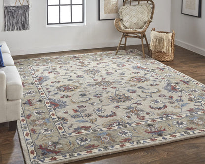 4' X 6' Ivory Taupe And Blue Wool Floral Tufted Handmade Stain Resistant Area Rug