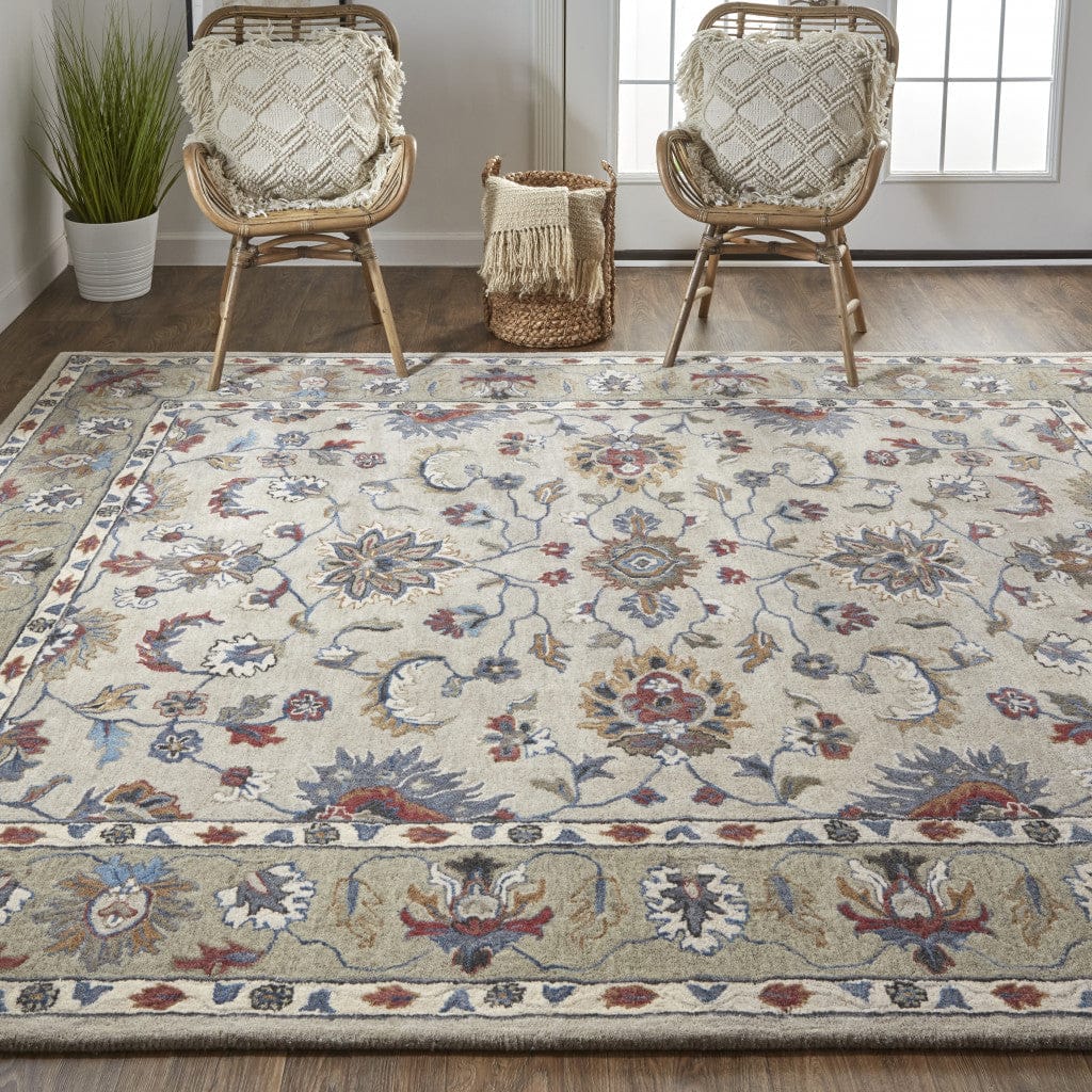 4' X 6' Ivory Taupe And Blue Wool Floral Tufted Handmade Stain Resistant Area Rug