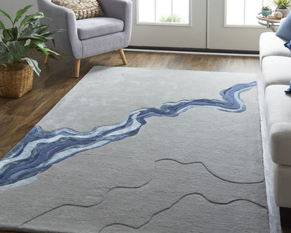 4' X 6' Gray And Blue Wool Abstract Tufted Handmade Area Rug