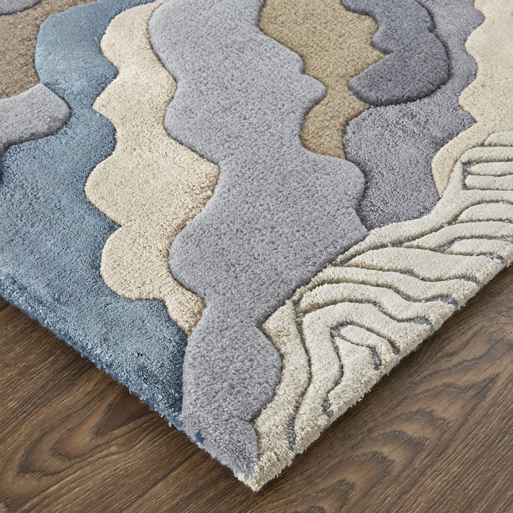 4' X 6' Tan Brown And Blue Wool Abstract Tufted Handmade Area Rug